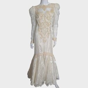 VTG 80s Victorian Wedding Dress XS Bead Lace Mermaid Train Bridal‎ Gown Union US